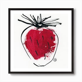 Strawberry  painting minimal contemporary modern red black paint ink simple square kitchen still life Art Print