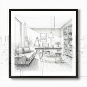 Monochromatic Pencil Sketch On Paper Of A Nordic Style Minimalistic Scene Clean Scandinavian Design Art Print