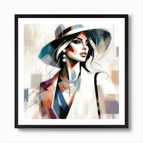 "Chic Essence: Modern Elegance" - This artwork is a stunning representation of contemporary fashion and sophistication, capturing the essence of modern femininity. The subject, a stylish woman adorned with a wide-brimmed hat and striking accessories, is portrayed with bold strokes and abstract elements, evoking a sense of confidence and grace. The neutral palette with splashes of vibrant color reflects the blend of classic charm and avant-garde trends. This piece is perfect for the fashion-forward individual looking to add a touch of high-end style and artistic flair to their living space or boutique. It's not just a painting; it's a statement of elegance and poise. Art Print