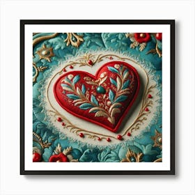 Embroidered Heart red Art Print