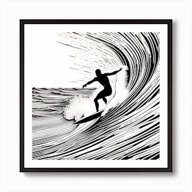 Linocut Black And White Surfer On A Wave art, surfing art, 4 Art Print