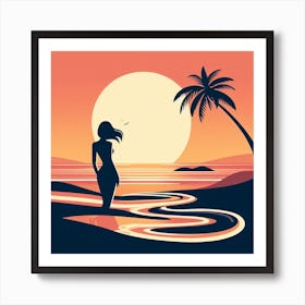 Sunset Girl At The Beach Art Print