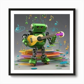 Green Robot Playing A Yellow Guitar Art Print