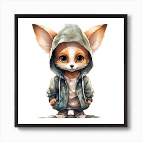 Watercolour Cartoon Fennec Fox In A Hoodie 3 Art Print