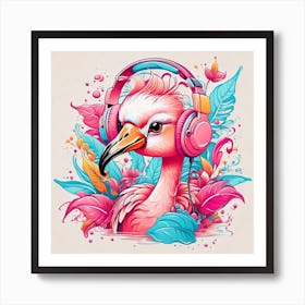 A Cute Flamingo Wearing A Headphone Art Print
