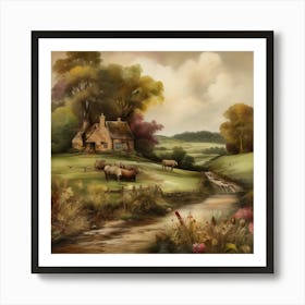 Country Cottage.An elaborate work of art about nature in the countryside of old England, antique oil colours, the touch of a creative artist. Art Print