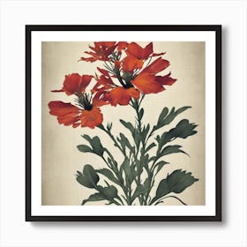 Red Poppy Flax3 Floral Botanical Vintage Poster Flower Art Print Art Print