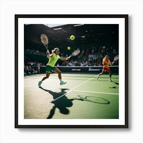 Tennis Match Captured In Mid Action Players Frozen Mid Swing With Rackets Poised To Strike Sunligh Art Print