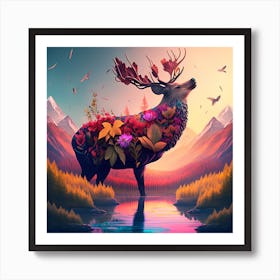 Deer With Flowers Art Print