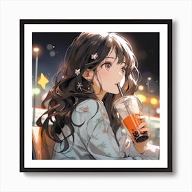 Anime Girl Drinking Coffee Art Print