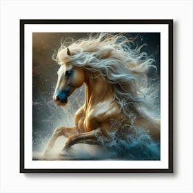 Golden Horse Running In Water 1 Art Print