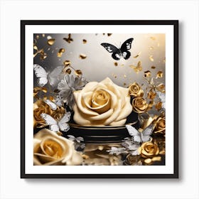 Gold Rose With Butterflies Art Print