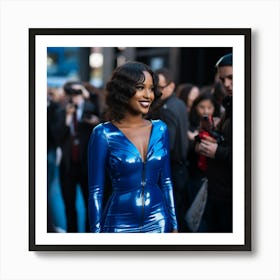 An Ethopian Black Woman Voluptuous Sexy Wearing An Elegant Blue Latex Dress VNeck Long on the Red Carpet - Created by Midjourney Art Print