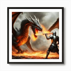 Knight And Dragon Fighting Art Print