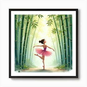 Watercolor Ballerina In Tranquil Bamboo Forest 1 Art Print