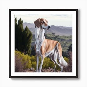 An artistic drawing of a purebred Arabian Saluki dog in a picturesque nature Art Print