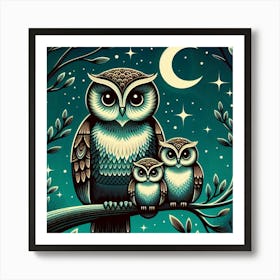 Serene Owl Family  Art Deco Art Print