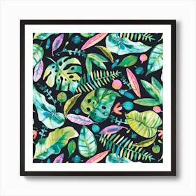 Tropical Leaves Green Pink Square Art Print