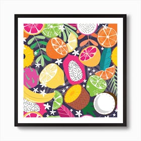 Tropical Fruits Pattern On Deep Purple Square Art Print