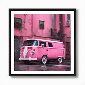 Pink Vw Bus Parked On The Street Art Print