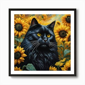 Black Cat In Sunflowers Art Print