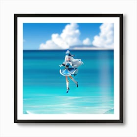 Anime girl jumps over the ocean waters  Art Print