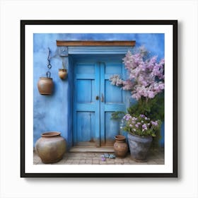 Blue wall. An old-style door in the middle, silver in color. There is a large pottery jar next to the door. There are flowers in the jar Spring oil colors. Wall painting.16 Art Print