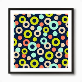 DROPS Polka Dots Rings Abstract Geometric in Retro Green Mint Orange Cream on Midnight Blue Art Print