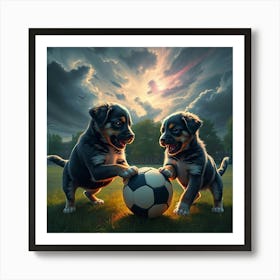 A Dramatic Digital Painting Of Puppies Playing With A Ball In A Park Under An Intense, Stormy Sky, With Iridescent Reflections And High Tension Poster