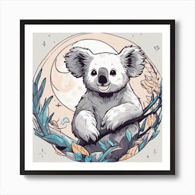 Sticker Art Design, Koala Howling To A Full Moon, Kawaii Illustration, White Background, Flat Colors Art Print