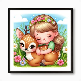 Little Girl Hugging A Deer Art Print