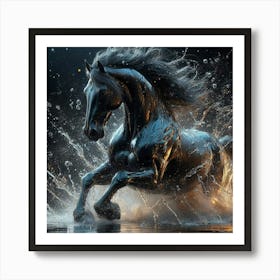 Black Horse Running In Water Art Print