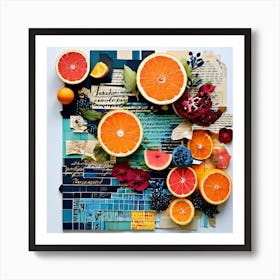 Oranges And Grapefruits, Produce An Eclectic Collage Combining Calligraphy Textured Paint Swatches And Cut Out Elements Art Print