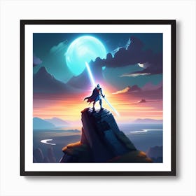 Fantasy Art: Knight Wielding A Glowing Sword Standing Atop A Cliff Art Print