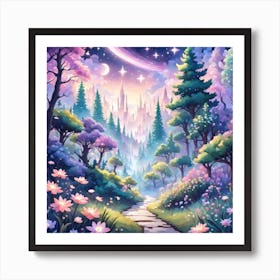 A Fantasy Forest With Twinkling Stars In Pastel Tone Square Composition 439 Art Print