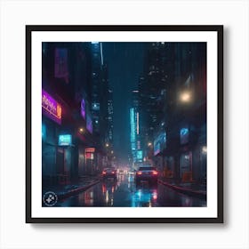 A Cyberpunk Cityscape Photo, 4k With Rain And Refelctions Art Print