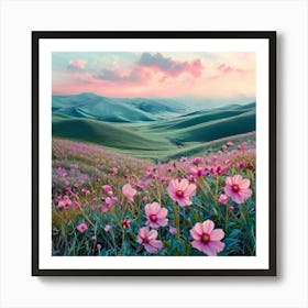 Landscape Beautiful Vibrant Wild Flowers Rolling Hills Minimalist Shades Of Blush Pink Art Print