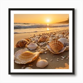 Seashells On The Beach At Sunset Art Print