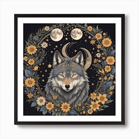 Wolf With Flowers Art Print