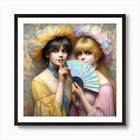 Two Ladies Holding A Fan Art Print