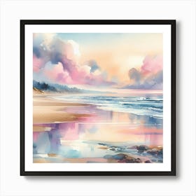 Tranquil Escape: A Watercolor Wash of Pastel Sky over Beach Art Print