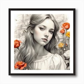 Girl With Flowers Art Print