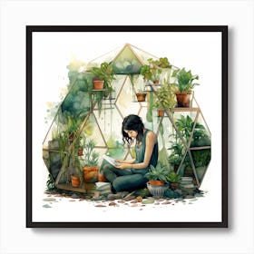 Girl Reading In A Terrarium Greenhouse With Plants Watercolour Art Print