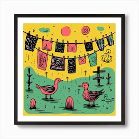 Duckling Under A Washing Line Linocut Style 3 Art Print