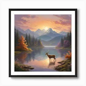 Deer By The Lake Art Print