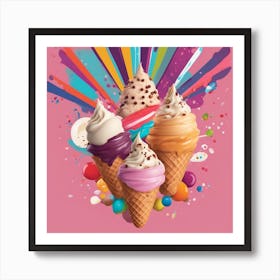 A Playful Design Featuring A Smiling Ice Cream Cone With Different Flavors And Toppings, Against A V Art Print