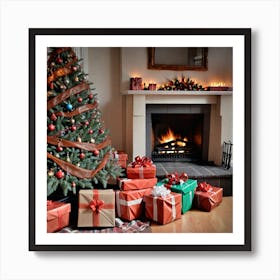 Christmas Presents Under Christmas Tree At Home Next To Fireplace (65) Art Print