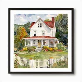 White Farmhouse Watercolor ~ Americana Ranch Vintage Wholesome Art Decor | Dreamy Idyllic Art Print