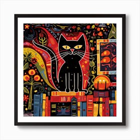 Cat On Bookshelf Art Print