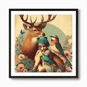 Deer And Bird Art Print